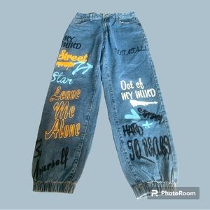 Shein Graphic Blue Denim Jeans Sz L